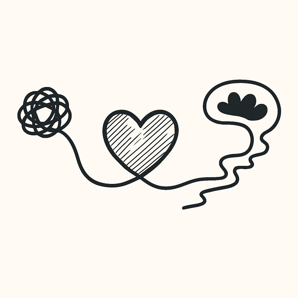 Ilustración de una línea que conecta una bola enredada, un corazón y un perfil humano, símbolo del acompañamiento